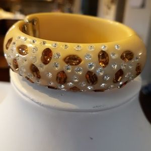 Vintage ivory Lucite Rhinestone clamp bracelet